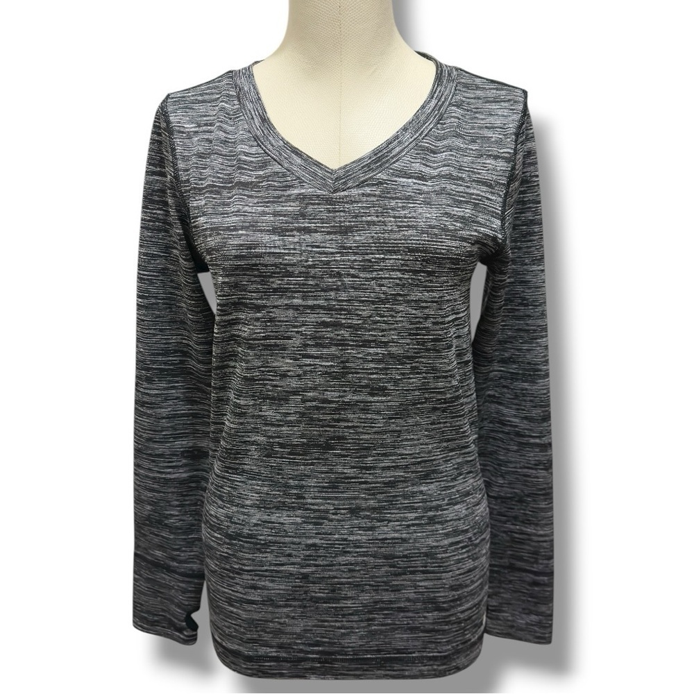 356 Lucky Brand |NWOT Space Dye Black Performance Long Sleeve VNeck Top (Size S) - Picture 5 of 14